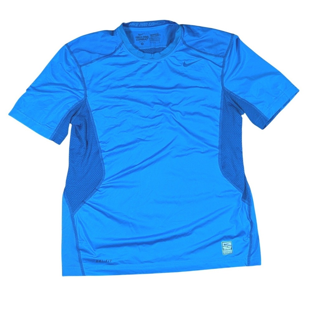 Nike Pro Combat Dri‎ Fit Men's Medium Short Sleeve Shirt Blue Polyester Athletic